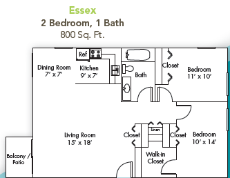 Floor plan for 2 beds, 1 bath, 800 sqft